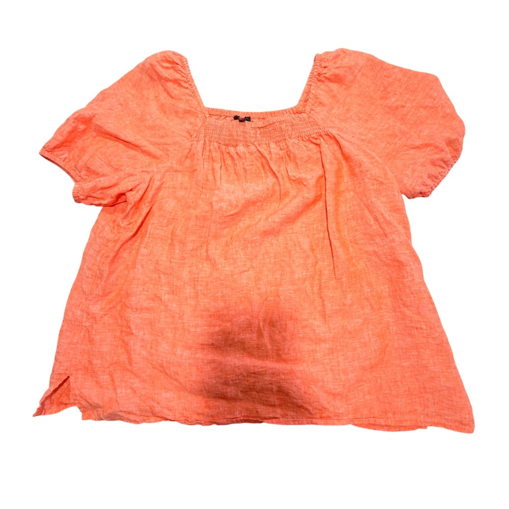 Talbots Linen Smocked Blouse Women XL Orange Short Sleeve Minimalist Coastal